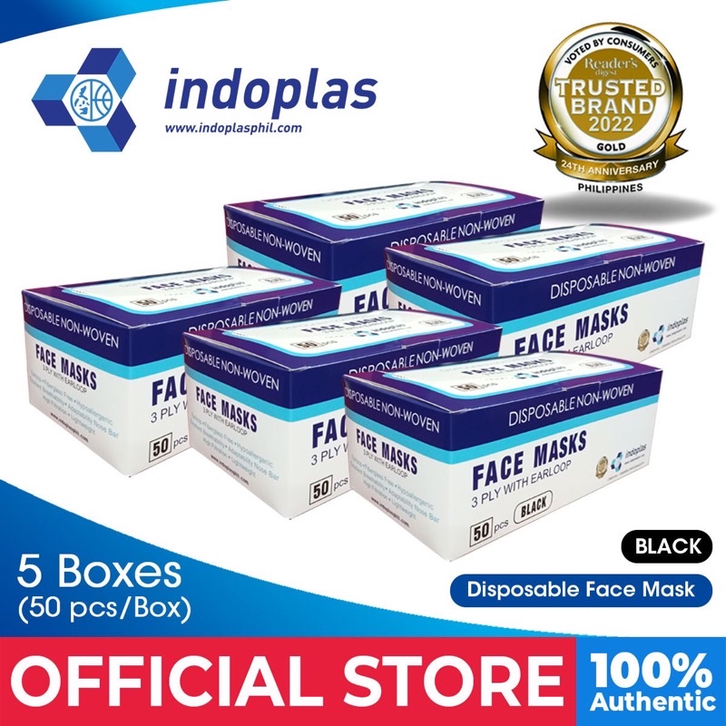 Indoplas Disposable Face Mask 3Ply Earloop Black 5 boxes (250 pcs