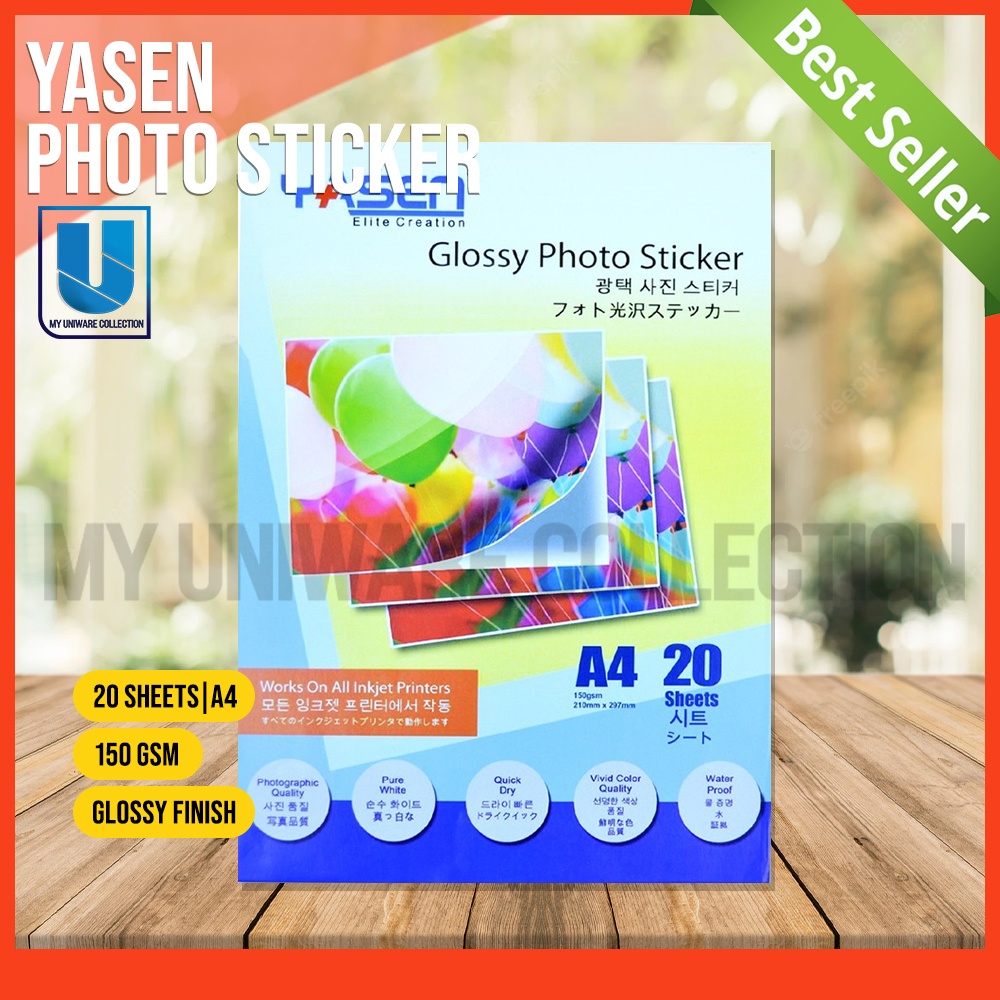 Yasen Photo Sticker Paper 150 GSM A4 Size 20 Sheets [Waterproof] Glossy