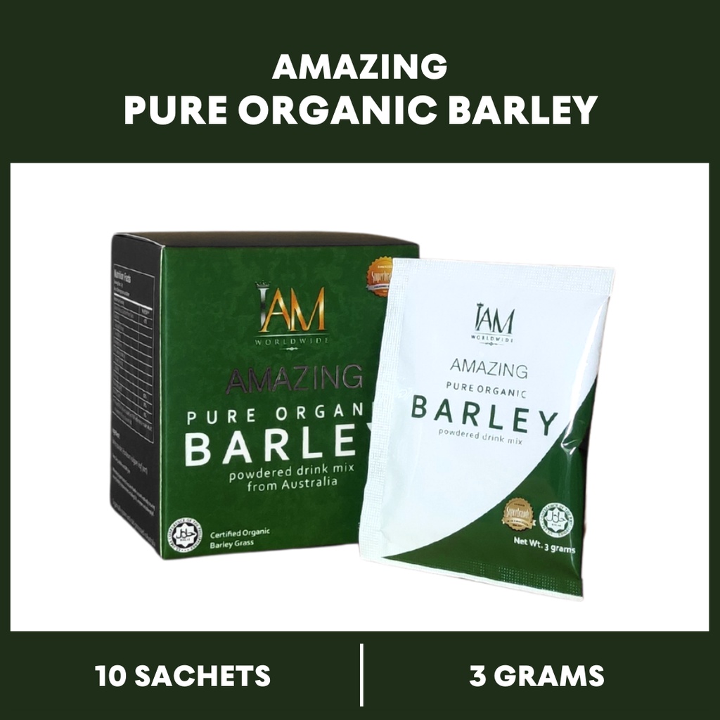 [1 BOX] Amazing Barley Amazing Pure Organic Barley Powdered Drink by iAM Worldwide 3g Shopee