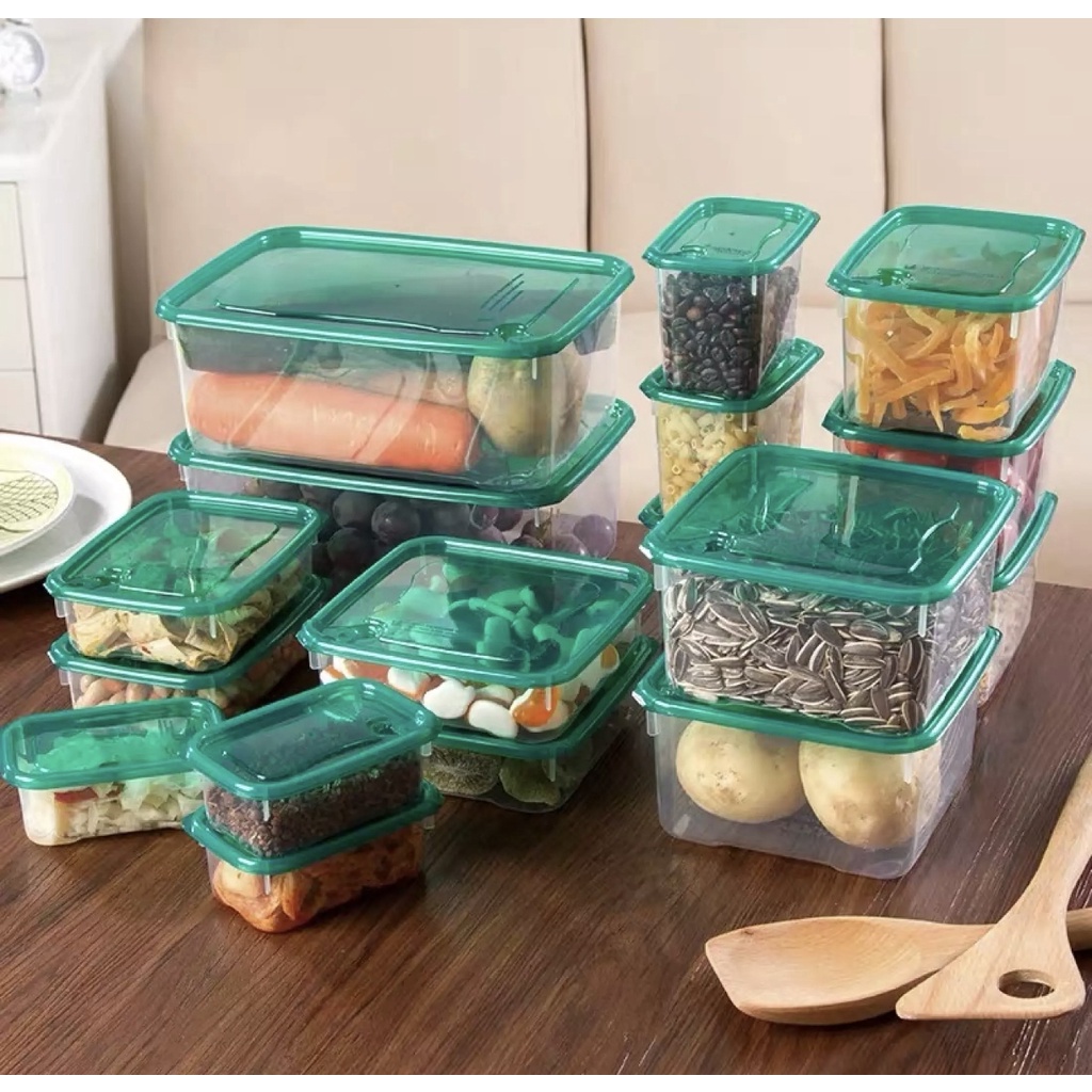 17pcs set Refrigerator Tupperware Kitchen Container Food Storage Box (Green and pink.) Shopee