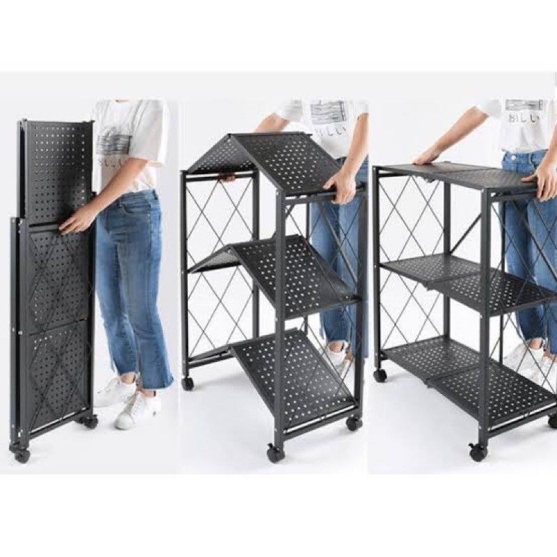 3layer,Foldable Movable Steel Storage Shelves RackforKitchen Bakers