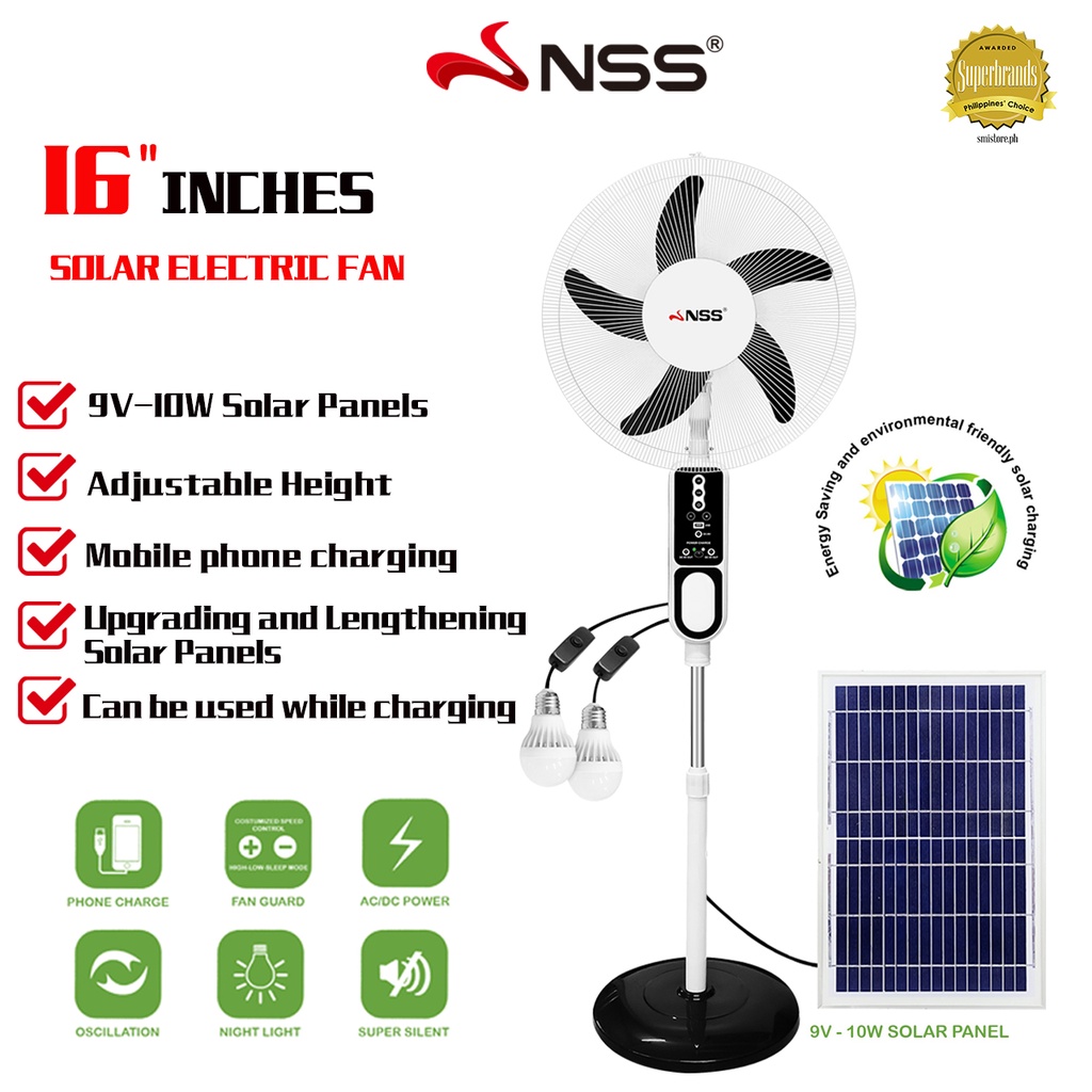 NSS solar fan with panel 16" Solar Electric Fan with light rechargeabl AC/DC Dual Power