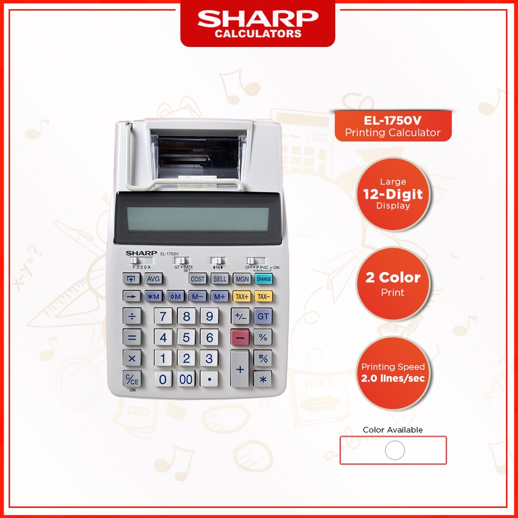 Sharp Calculators EL1750V12 Digit Display w/ Grand Total Function and 2 Colors Printing