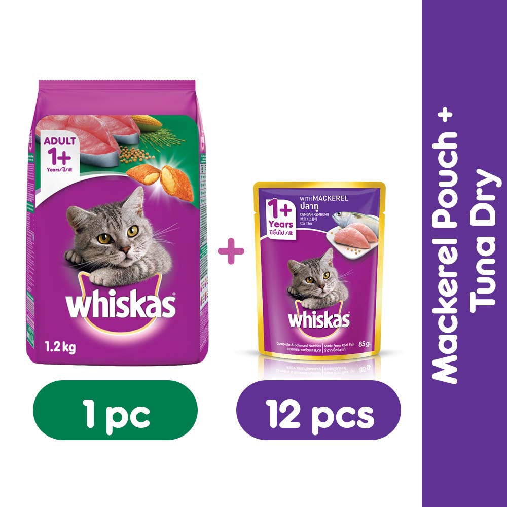 Whiskas Mackerel Pouch Wet Cat Food Set of 12 (85g) + Whiskas Adult