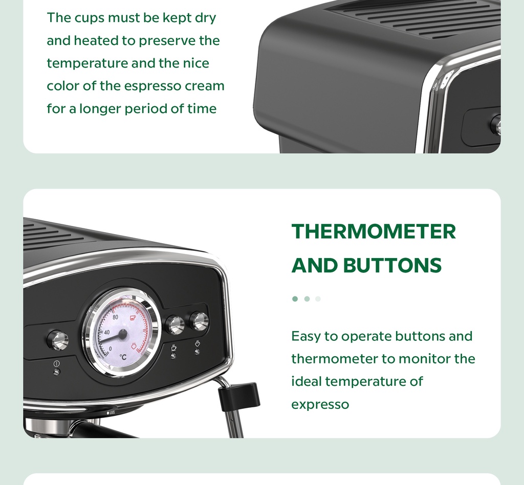 Vermax Coffee machine w/temperature display & milk frother 15 Bar Stainless Steel Espresso