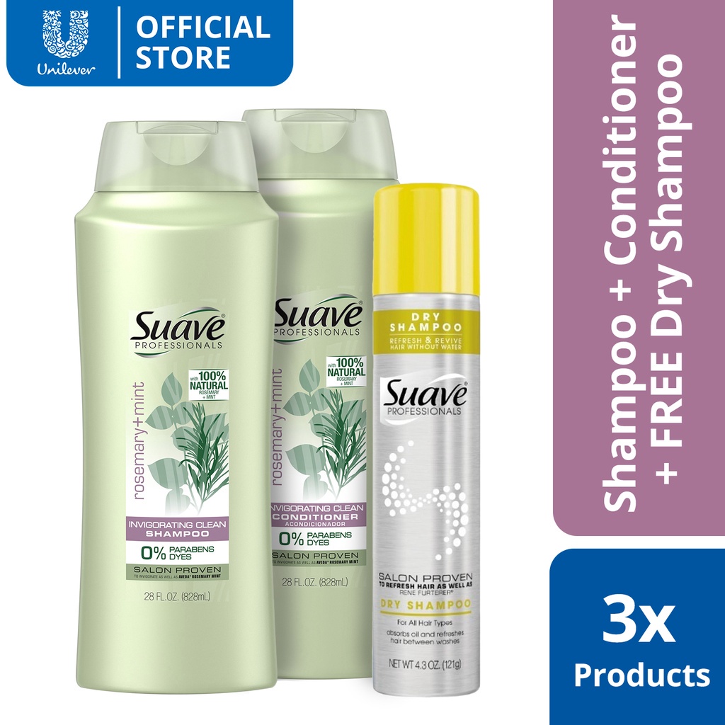 Suave Rosemary + Mint Invigorating Clean Shampoo & Conditioner 28OZ, FREE Suave Dry Shampoo 4