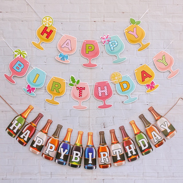 Wineglass & Wine bottle happy birthday banner party Decoration Shopee