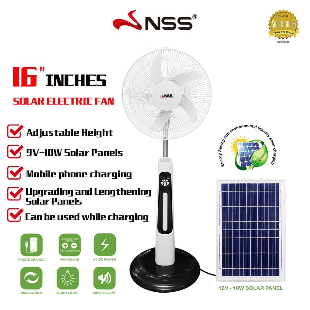 NSS Solar electric fan Rechargeable fan 16" Solar FAN with Solar Panel AC/DC DUAL POWER 10V 16w