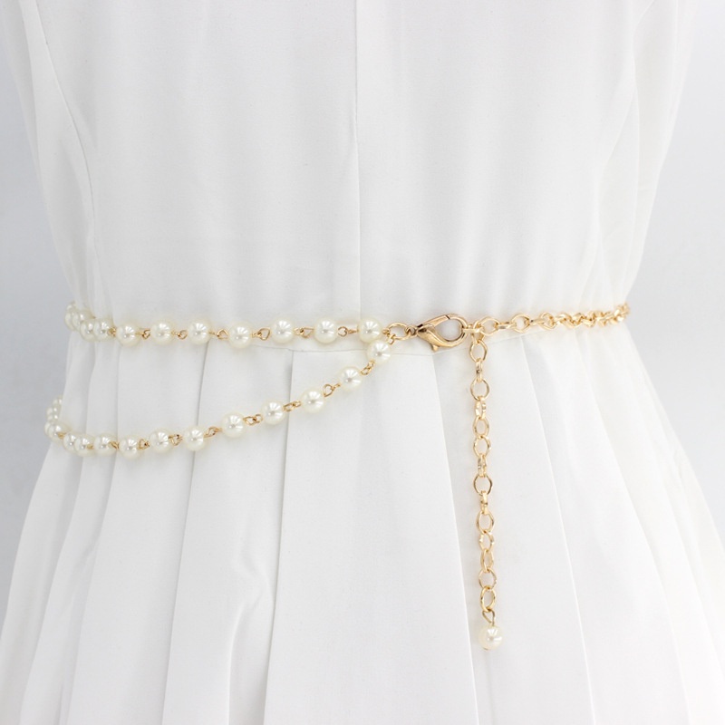 Elegant Pearl Chain Women Waist Belts Gold Thin Metal Chain Belts For