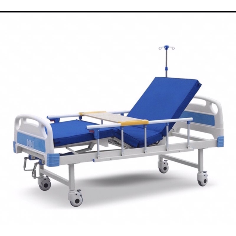 2 Cranks Hospital Bed Set with Foam Mattress, IV Pole & Over Bed Table