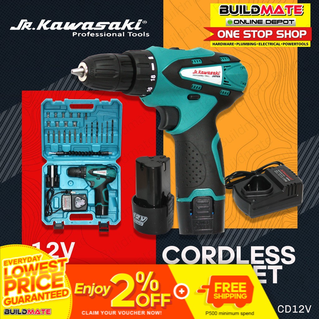 JR KAWASAKI Cordless Drill Set 12V with Case 2pc Battery Charger Free Drill Bit CD12V •BUILDMATE