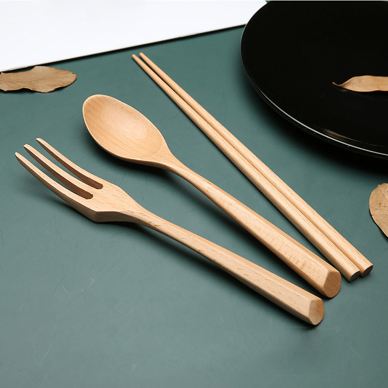 3Piece Elegant Retro Wooden Dinnerware Set/ Reusable Wooden Fork