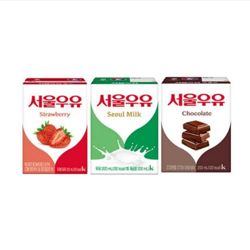 Seoul Milk 3 Flavors Korean Milk Drink 200mL (Original, Strawberry