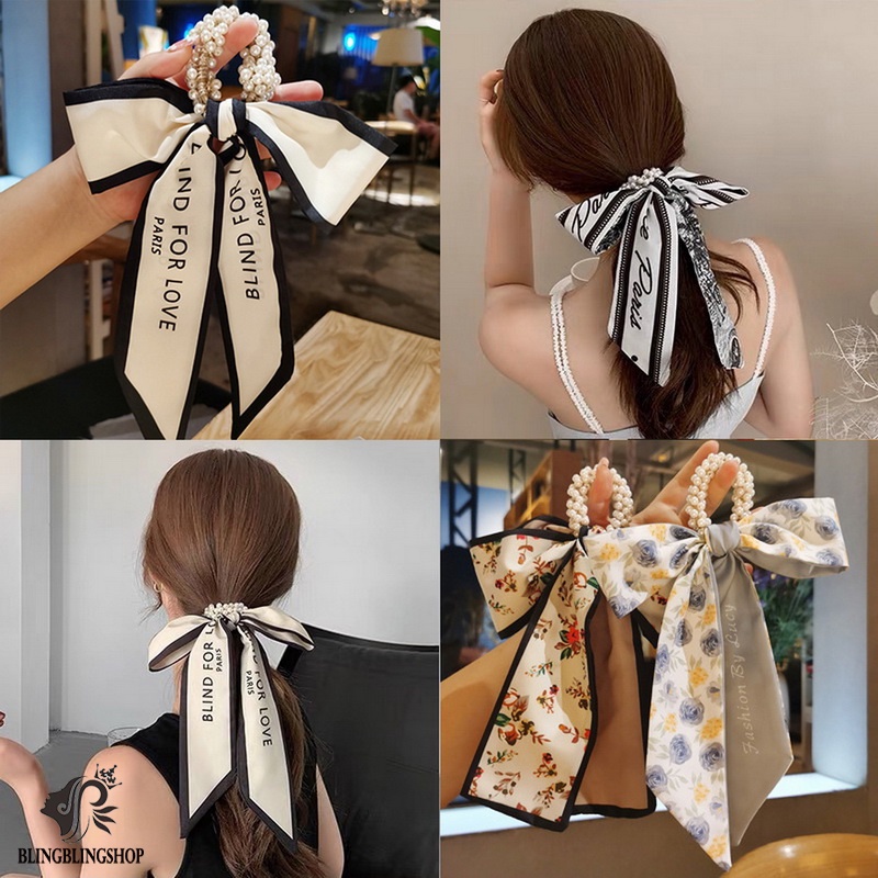 Korean Pearl Hair Ring Ribbon Bow Hair Rope Ins Girls Fashion Allmatch