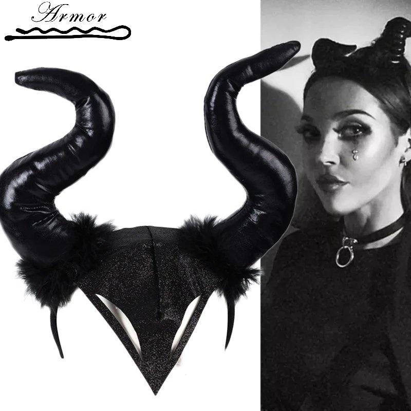 Halloween Gothic Witch Black Long Ox Horn Headband Women men Demon