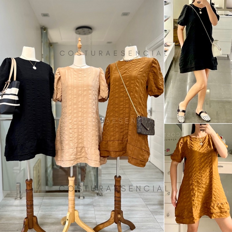 Costura Puff sleeve dress with one side pocket and layered ruffle