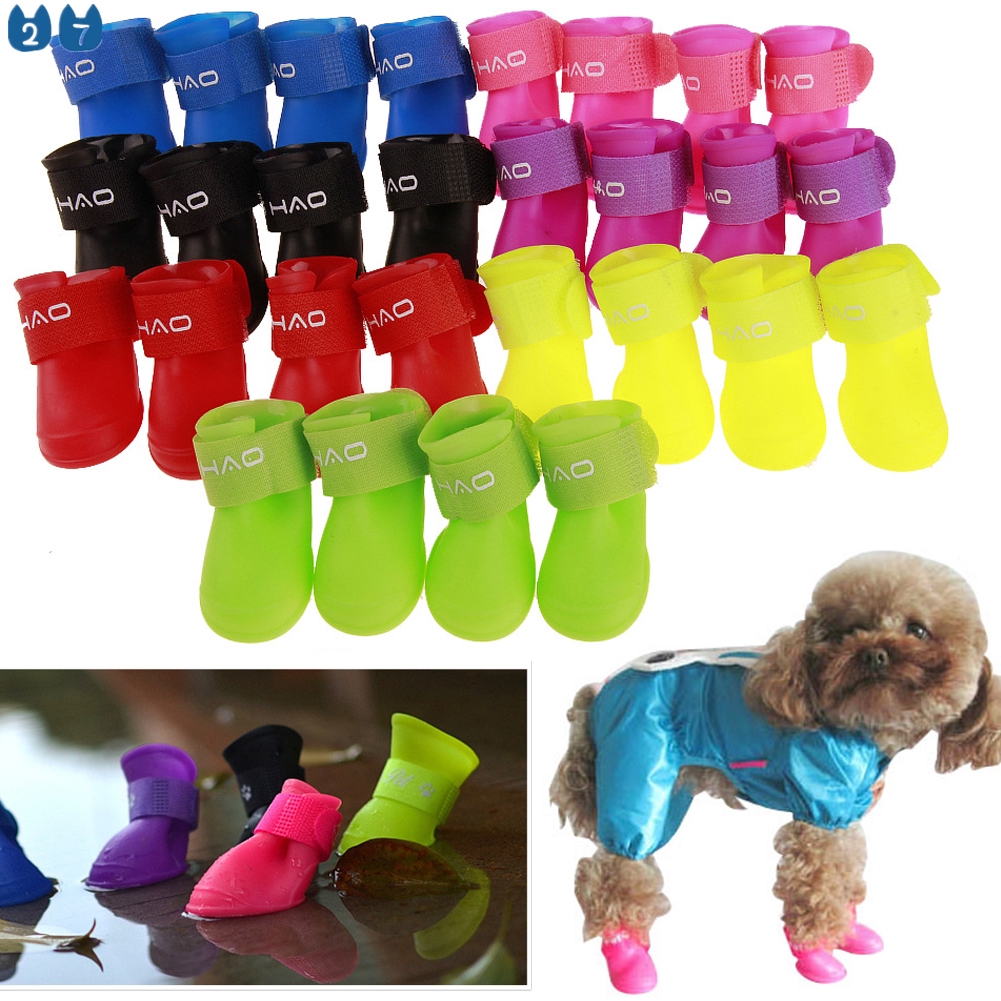 4pcs/set Pet Rain Shoes Dog Silicone Antiskid Rain Boots Candy Color