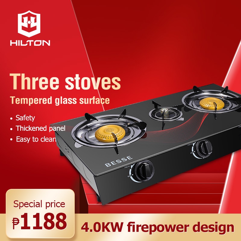 Threeburner gas stove, stainless steel body, tempered glass surface