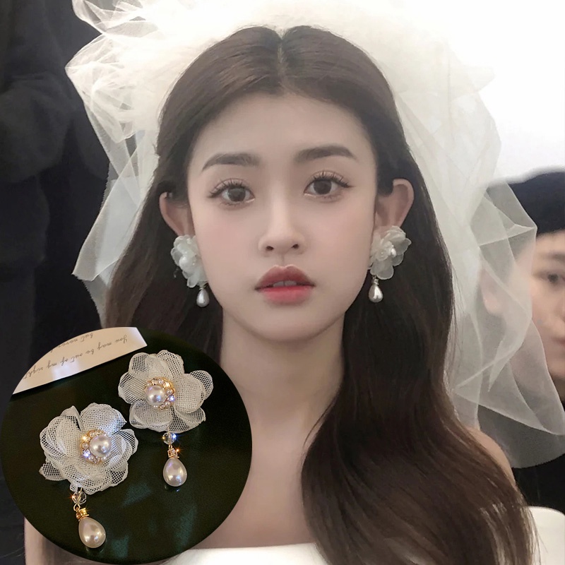 925 Silver Needle Organza White Flower Earrings Korean Version Diamond