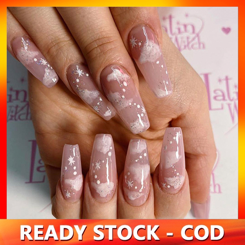 【With Glue ️】24Pcs Fake Nails set with glue Long ballet nude color