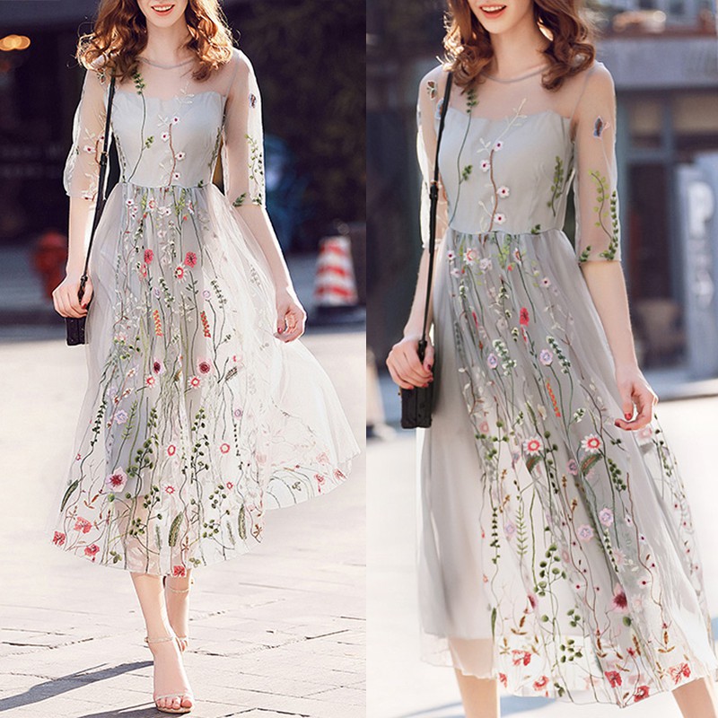 Femme Embroidery Floral Long Maxi vening Party Boheme Dress Shopee