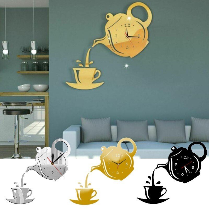 3D Teapot Coffee Cup Wall Clock Sticker Creative DIY Kitchen Living