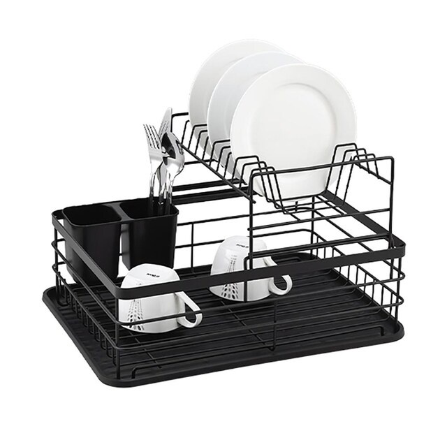 WG 2Tier Black Dish Rack Tray for Kitchen with Utensils Cutlery Holder