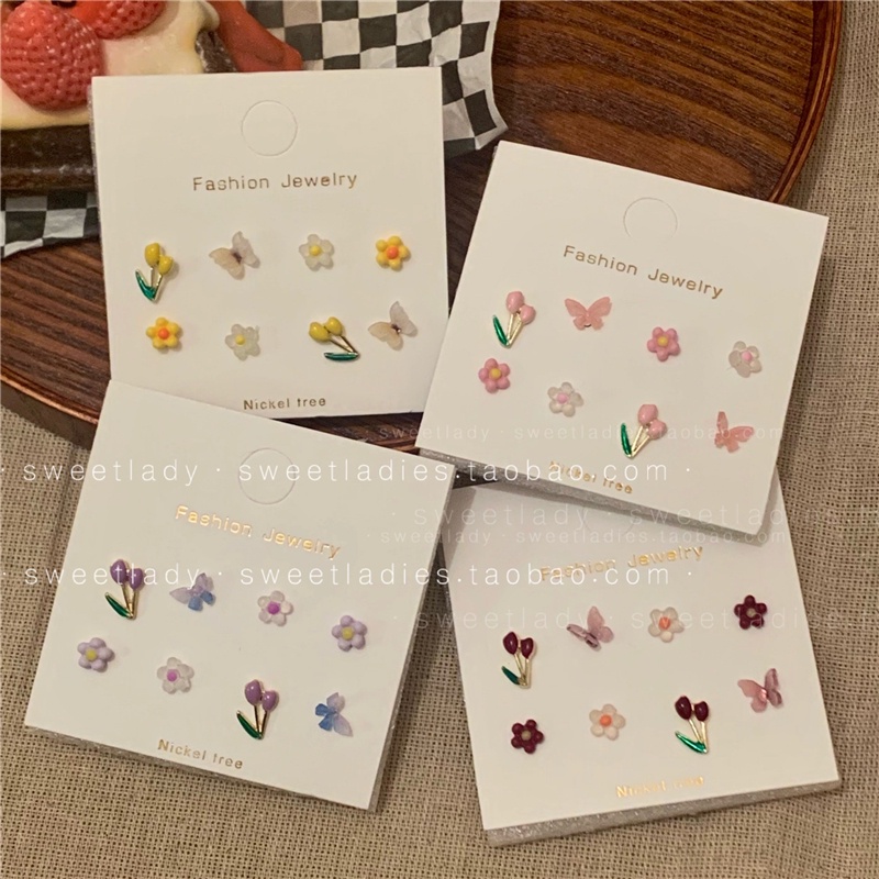 korean Tulip Butterfly resin Stud tik tok Earrings Set Women Cute