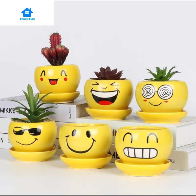 Lovely Cute Emoji Face Ceramic With Tray Flower Vase Home living