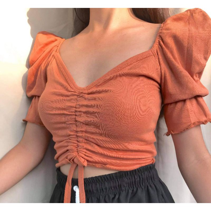 ZARA Ruched Puff Sleeves Croptop Shopee Philippines