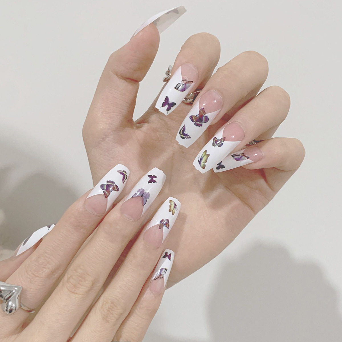 【With Glue】24Pcs/Set Fake Nails with Glue French Color Butterfly Fake
