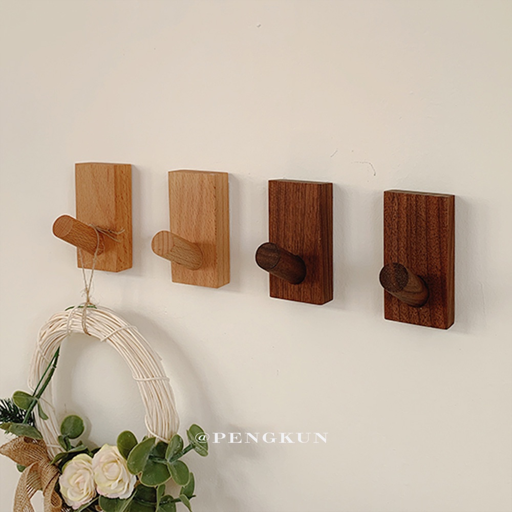 ins simple solid wood hook nail free hook retro wall restaurant wall