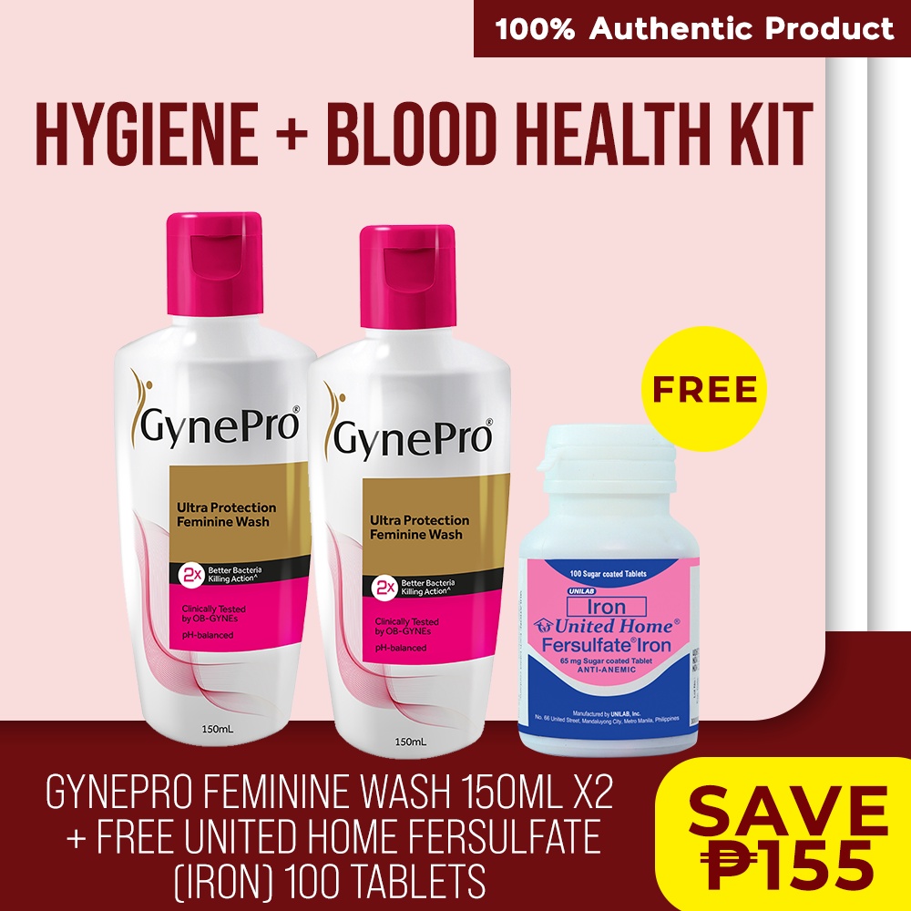 Gynepro Ultra Protection Feminine Wash 150ml x2 + FREE United Home Fersulfate Tablets (Save Php