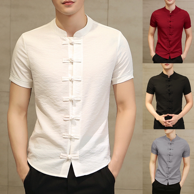 Mens Ethnic Stand Collar Short Sleeve Plain Loose Fit Shirt Shopee