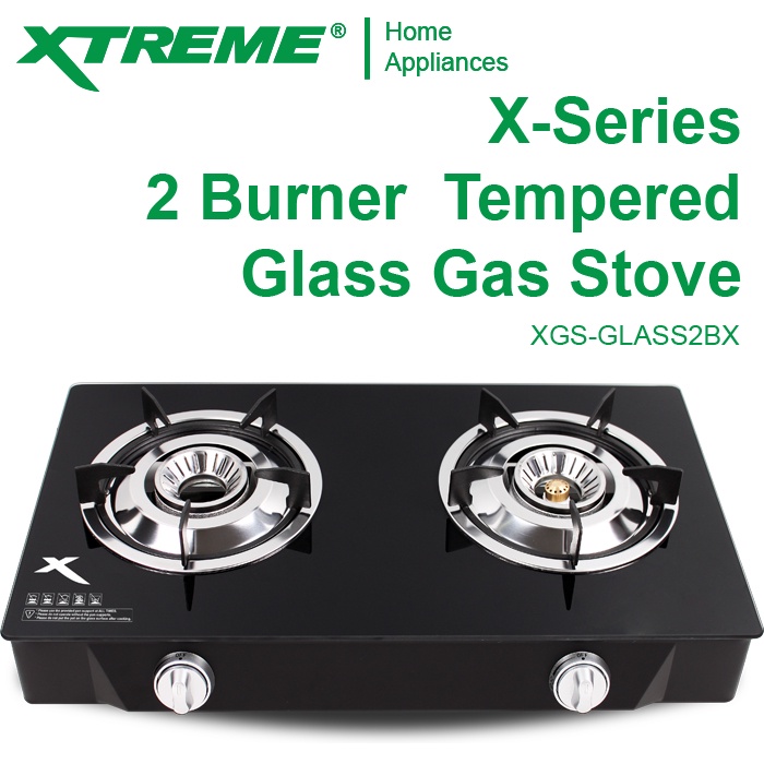 XTREME XSERIES 2Burner Tempered Glass Gas Stove Cast Iron & Automatic Ignition [XGSGLASS2BX