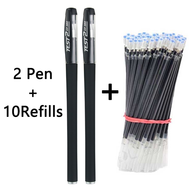 2 Pen + 10 Refill Ballpen Set Gel Pen Black Gel Ink Office School Fine