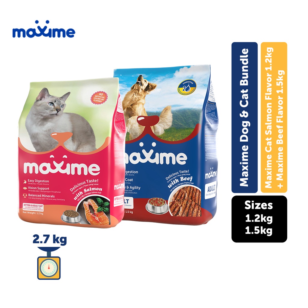 Dog & Cat Bundle (Maxime Cat Dry Cat Food Salmon 1.2kg + Maxime Dry Dog Food Adult Beef 1.5kg