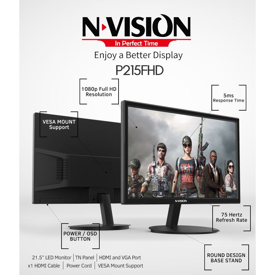 NVision P215FHD 21.5" 75Hz 1920x1080 VGA HDMI LED Monitor Shopee