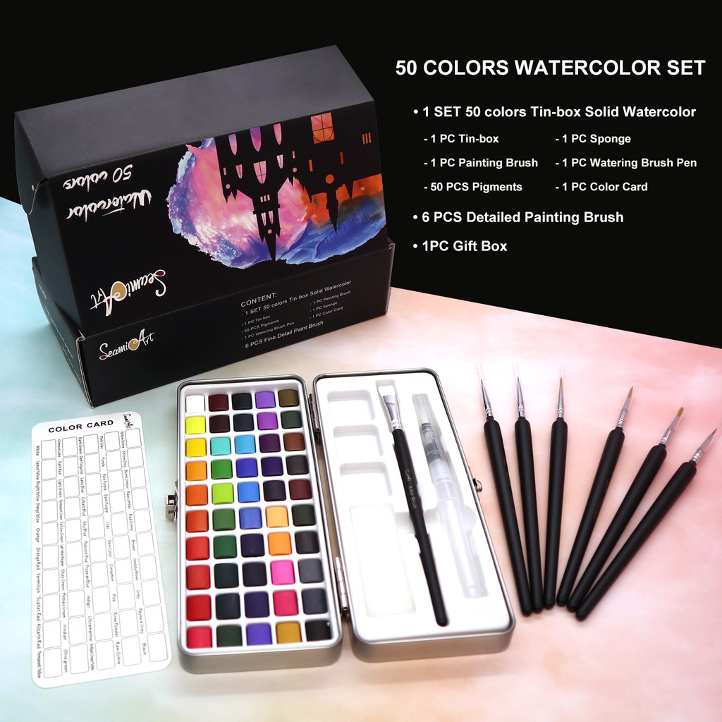 Seamiart_[READY STOCK] 50 Colors Solid Watercolor Gift Set with 6Pcs