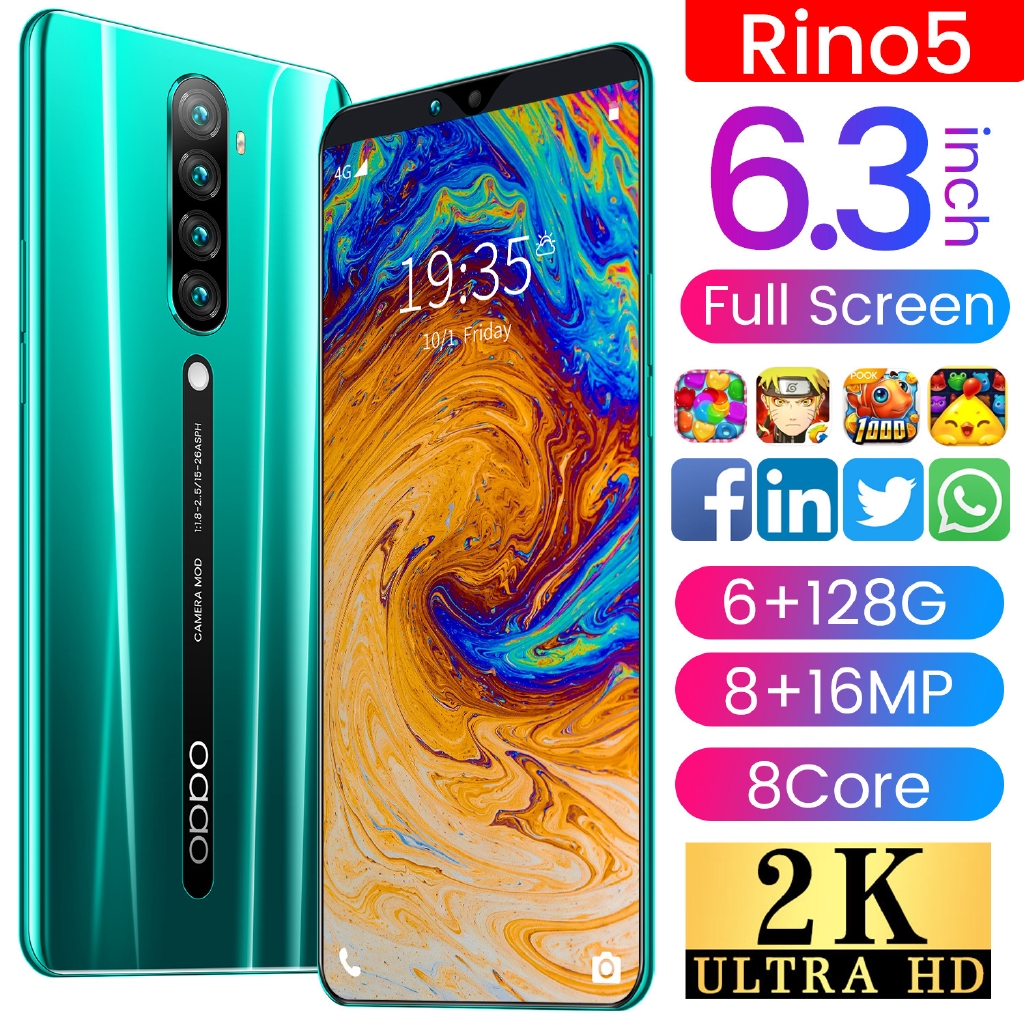 New Smartphone Rino 5 Large Screen 6.3inch 6 + 128GB Android