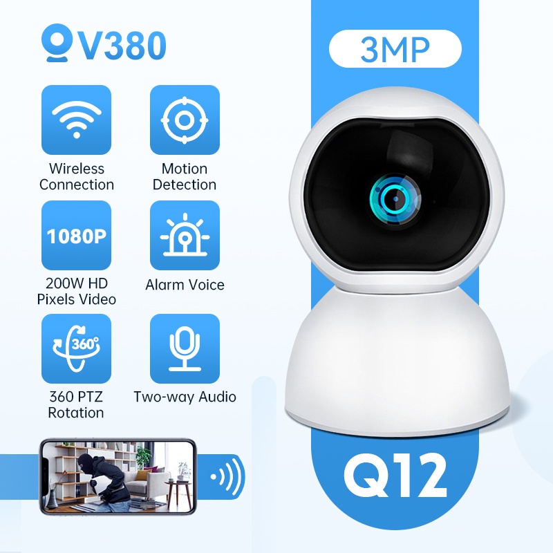 V380 Q12 CCTV Camera Wifi Connect to Cellphone indoor 1080P HD Night