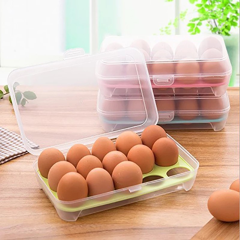 15 Grids Eggs Tray Box with Lid Clear Stackable Plastic Storage Kitchen