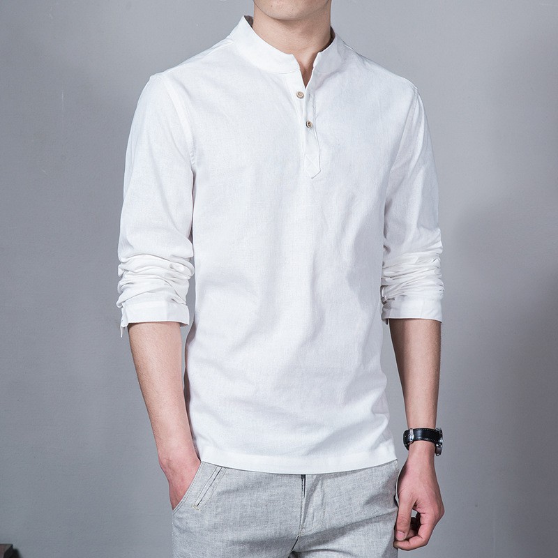 Wholesale men's linen t shirt long sleeve Shirt Mandarin Collar Vintage