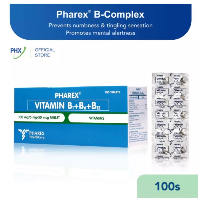 Pharex Vitamin (B1 + B6 + B12) 100mg/5mg/50mcg 100 Tablets