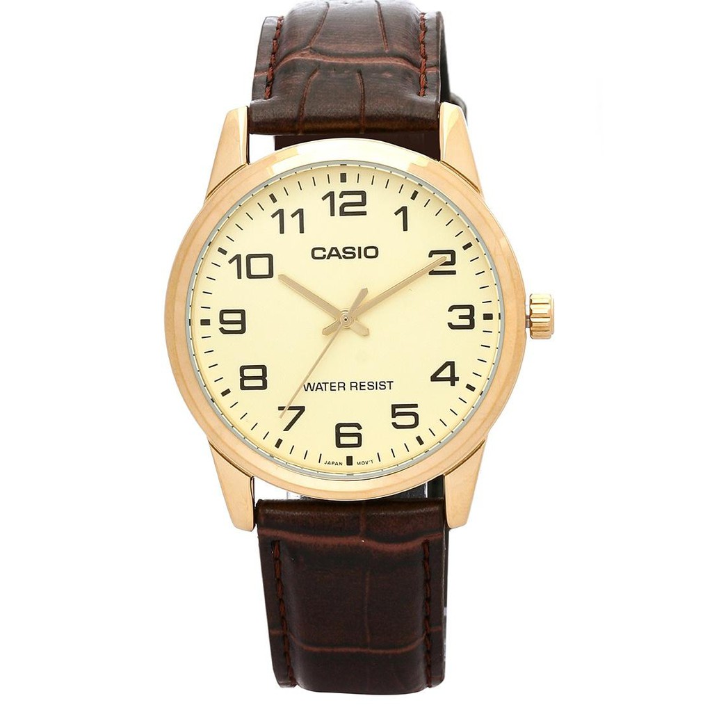 Casio Watch for Men's MTPV001GL9B Brown Leather Strap 30m Analog