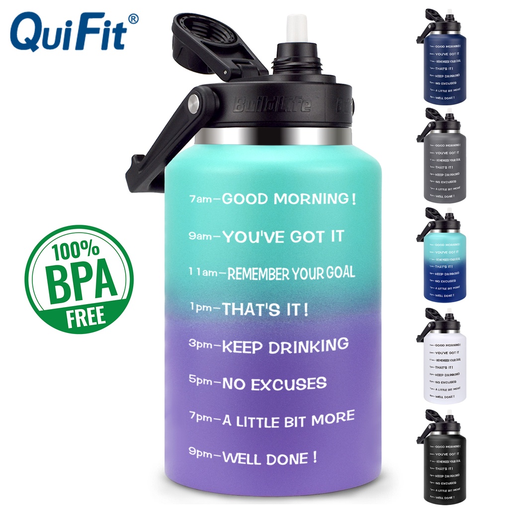 QuiFit 2L Stainless Steel Water Bottle Half Gallon With Straw