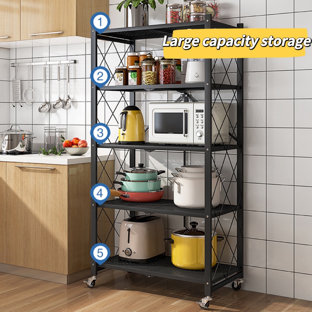 Folding Kitchen Shelf Metal Frame Muiti Floors Storage Rack With Wheels