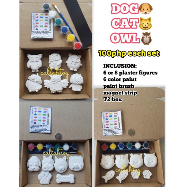 Paint your own DOG CAT OWL plaster art figure set (DIY Ref