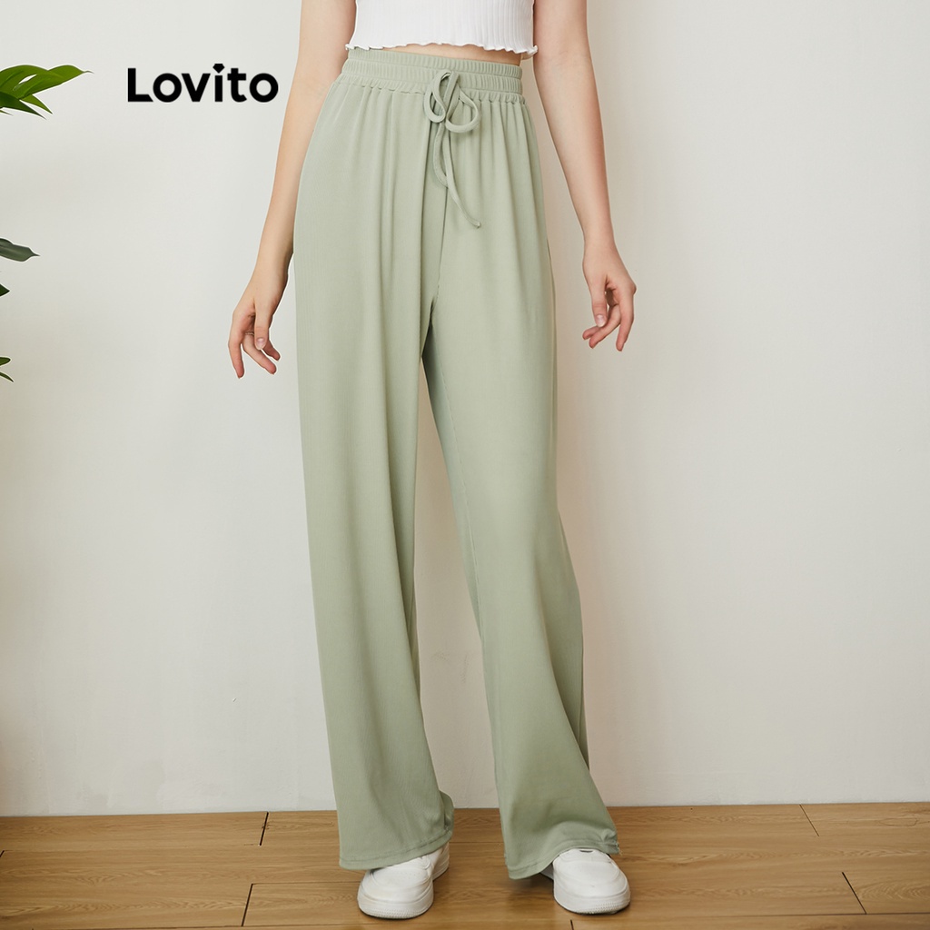 Lovito Casual Plain Elastic Waist Straight Leg Long Pants L24AD006