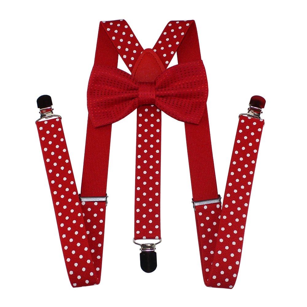 Fashion Bow Tie and Suspenders for Women Men Red Burgundy Print Dot